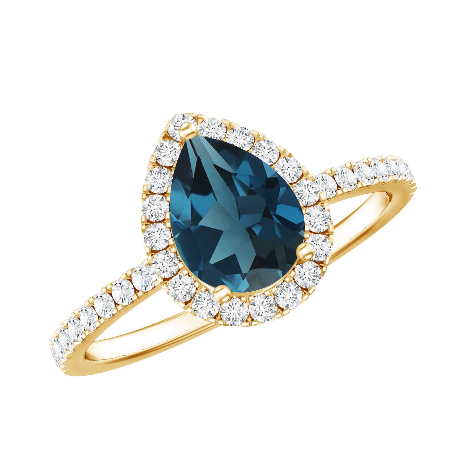 5X7 mm Pear Shape London Blue Topaz Teardrop Engagement Ring with Diamond Halo