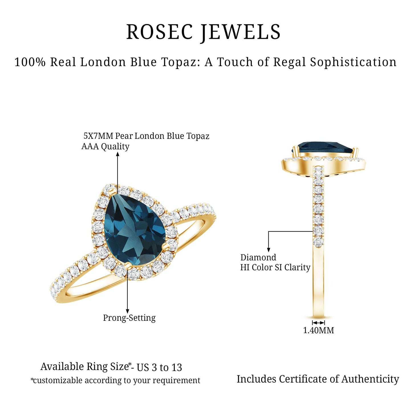 5X7 mm Pear Shape London Blue Topaz Teardrop Engagement Ring with Diamond Halo