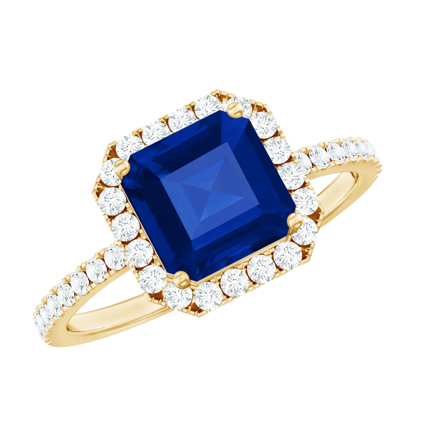 Certified 4.8 Carat Lab Grown Blue Sapphire Asscher Cut Engagement Ring with Diamond Halo