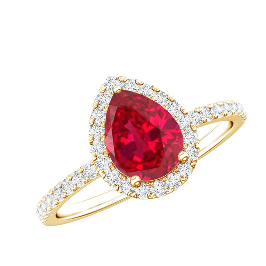 Lab Grown Ruby Teardrop Engagement Ring with Diamond Halo