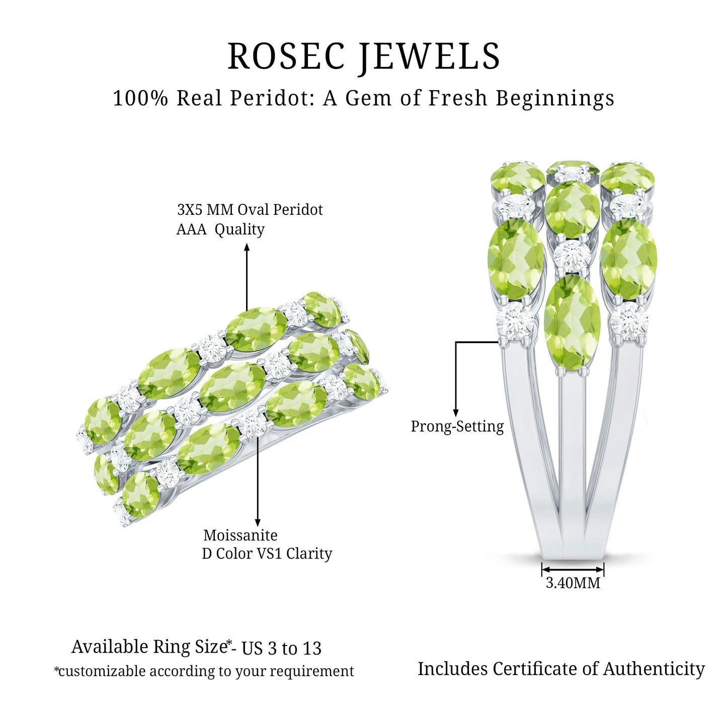 Certified Natural Peridot 3 Row Wedding Band with Moissanite