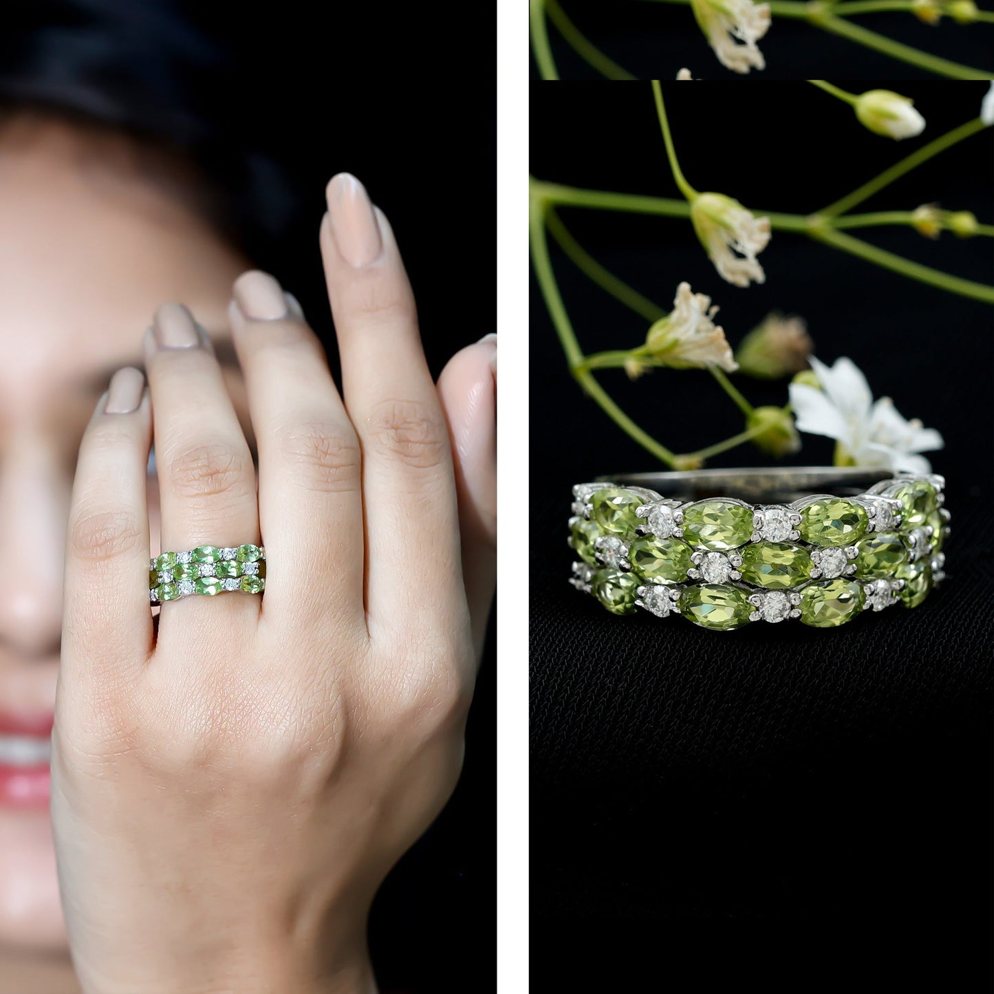 Certified Natural Peridot 3 Row Wedding Band with Moissanite