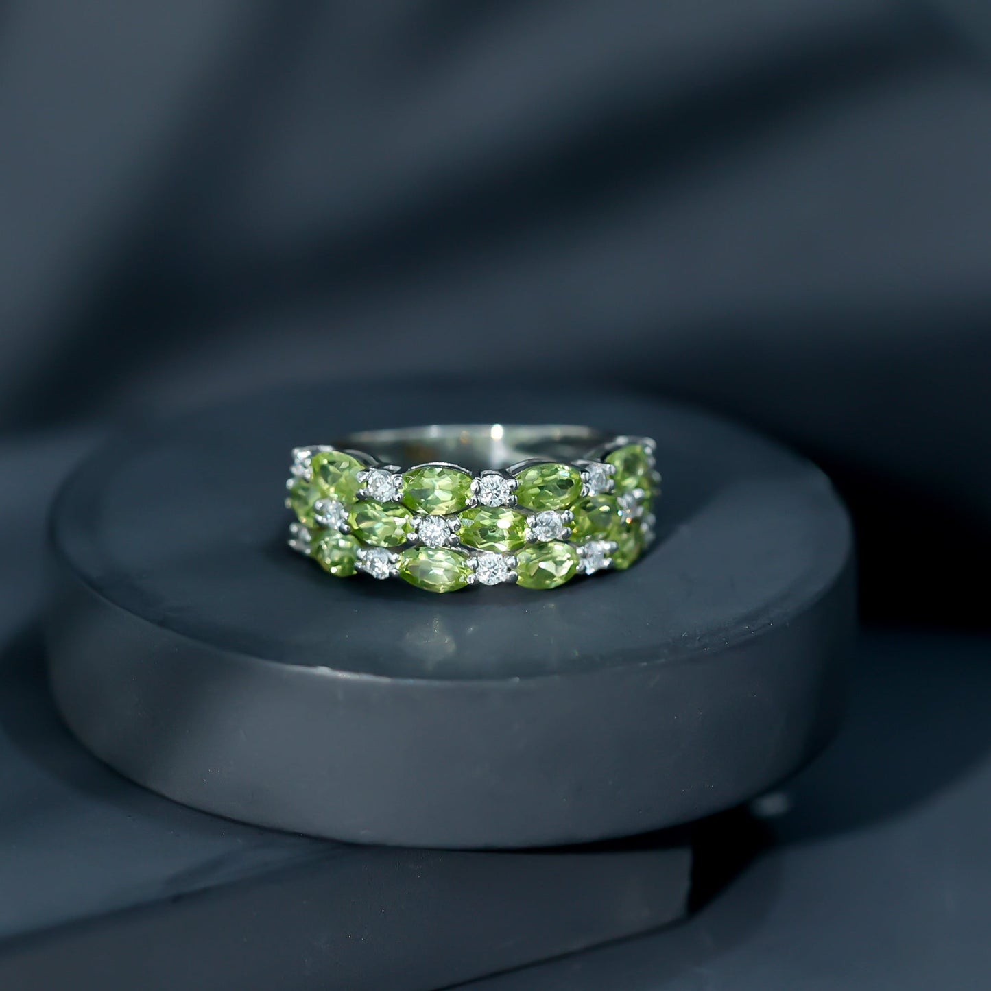 Certified Natural Peridot 3 Row Wedding Band with Moissanite