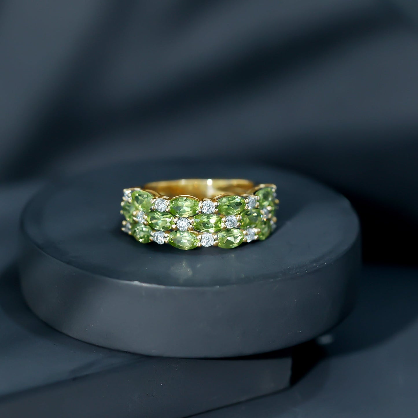 Certified Natural Peridot 3 Row Wedding Band with Moissanite