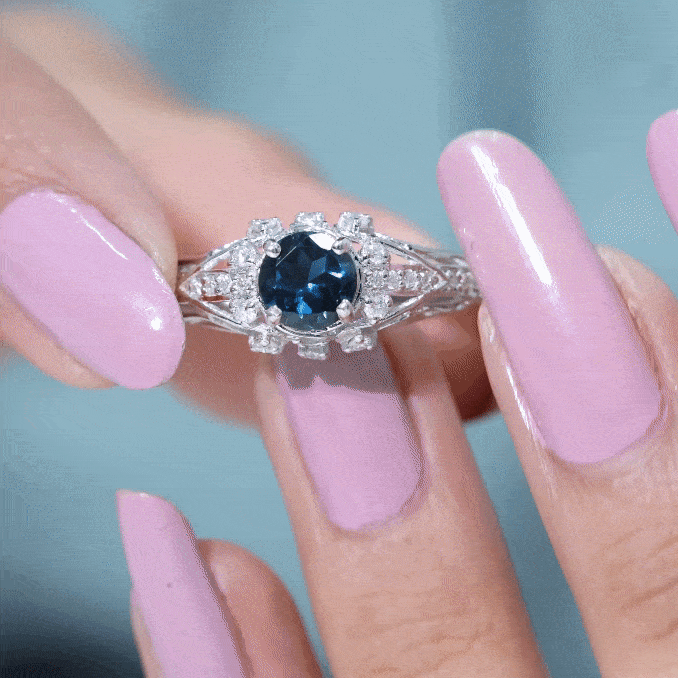 7mm Round London Blue Topaz Vintage Looking Engagement Ring with Diamond