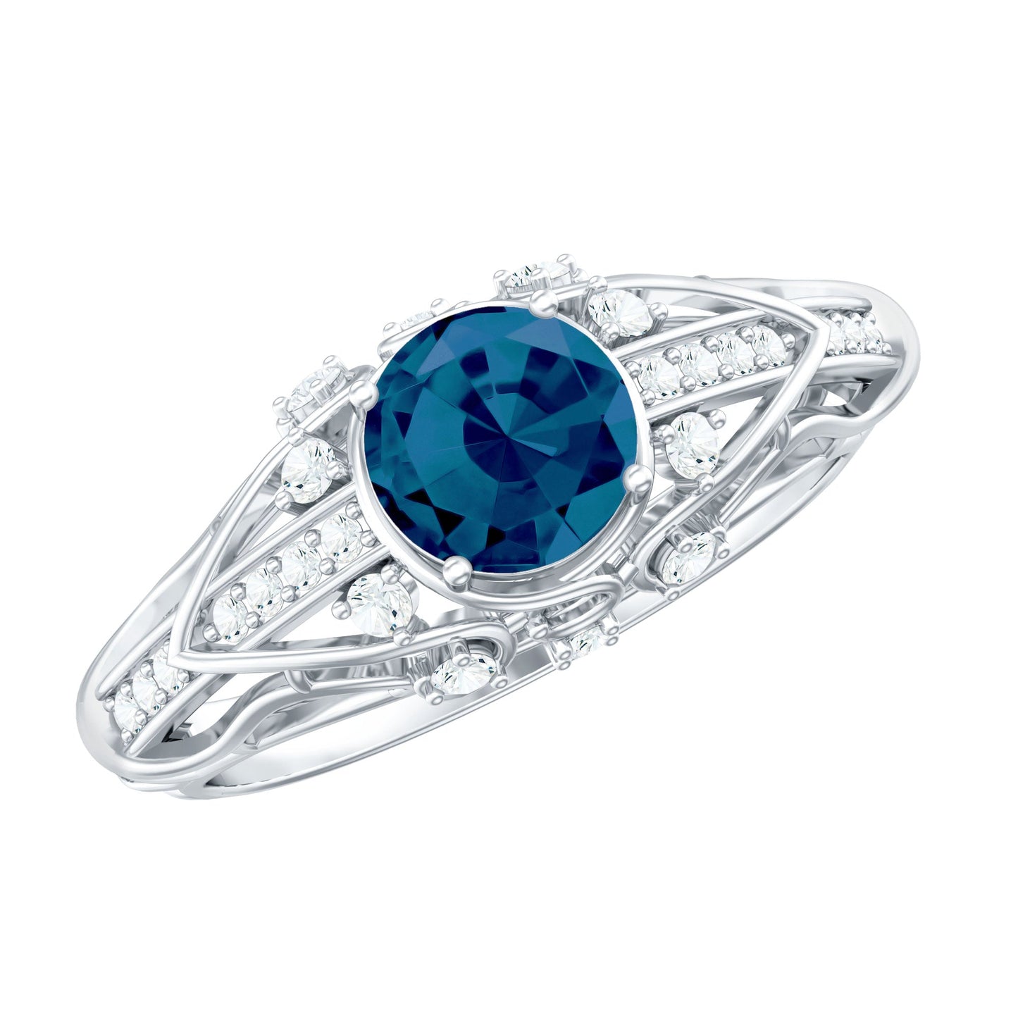 7mm Round London Blue Topaz Vintage Looking Engagement Ring with Diamond