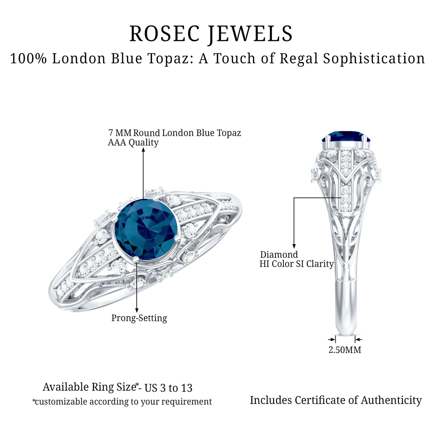 7mm Round London Blue Topaz Vintage Looking Engagement Ring with Diamond