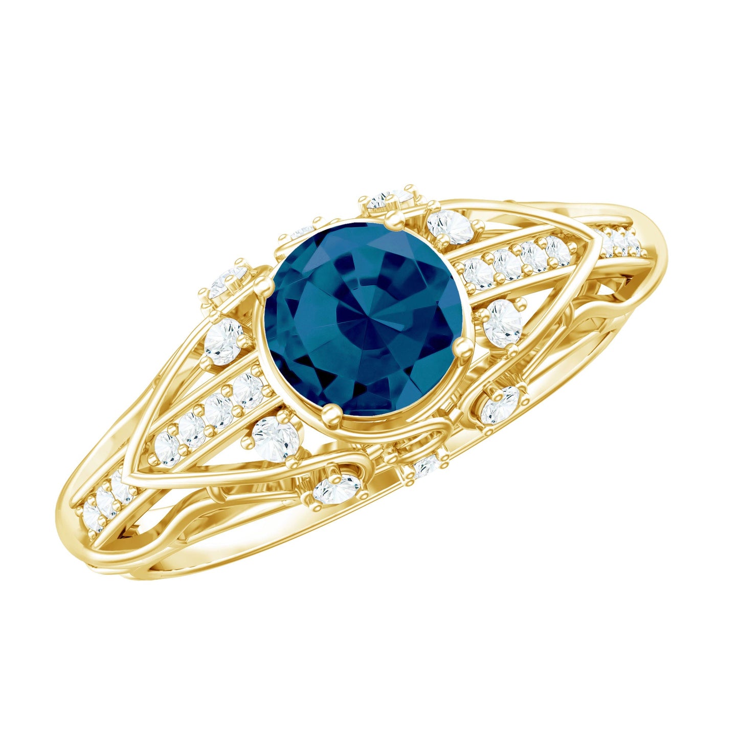 7mm Round London Blue Topaz Vintage Looking Engagement Ring with Diamond