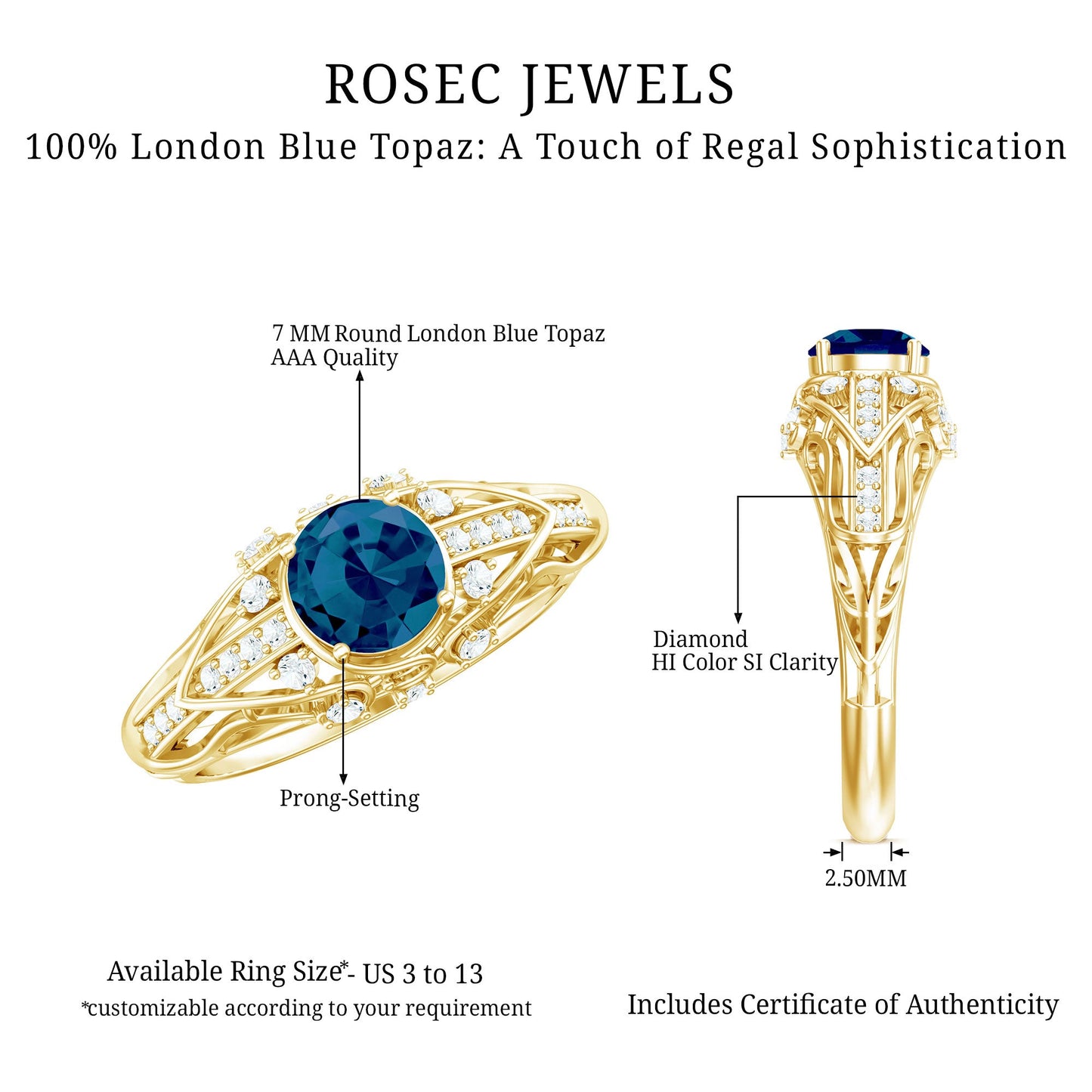 7mm Round London Blue Topaz Vintage Looking Engagement Ring with Diamond