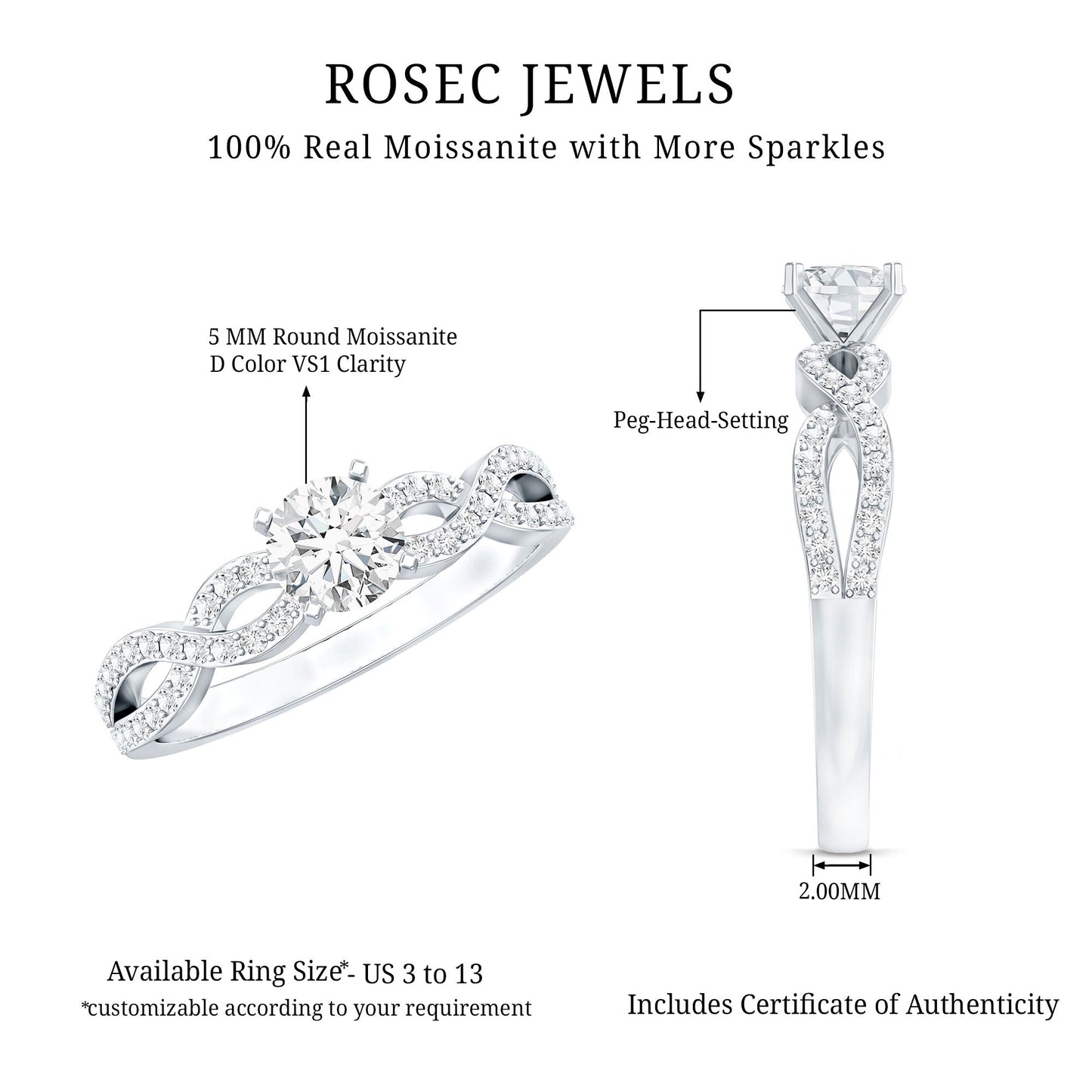 1 CT Round Shape Moissanite Crossover Infinity Ring