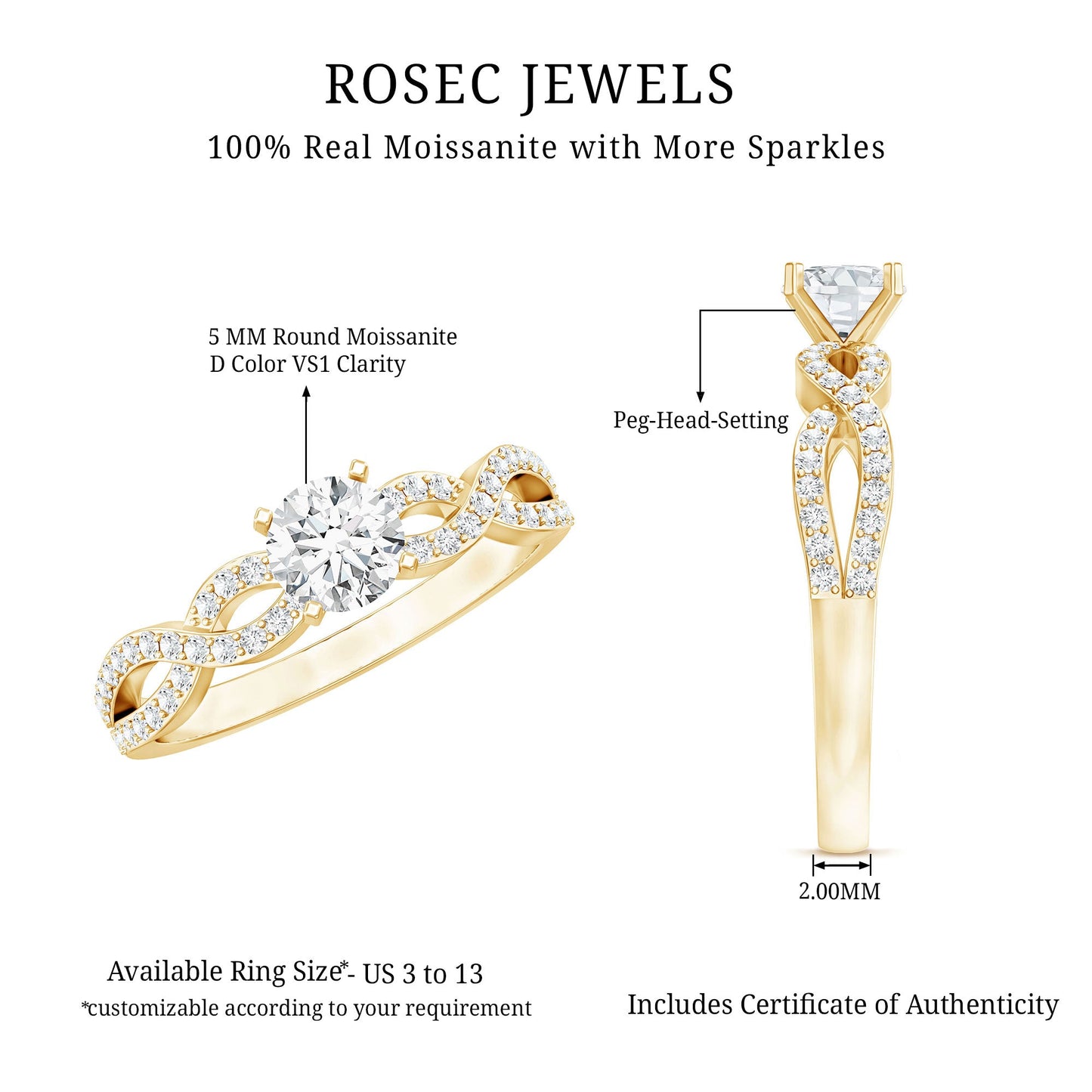 1 CT Round Shape Moissanite Crossover Infinity Ring