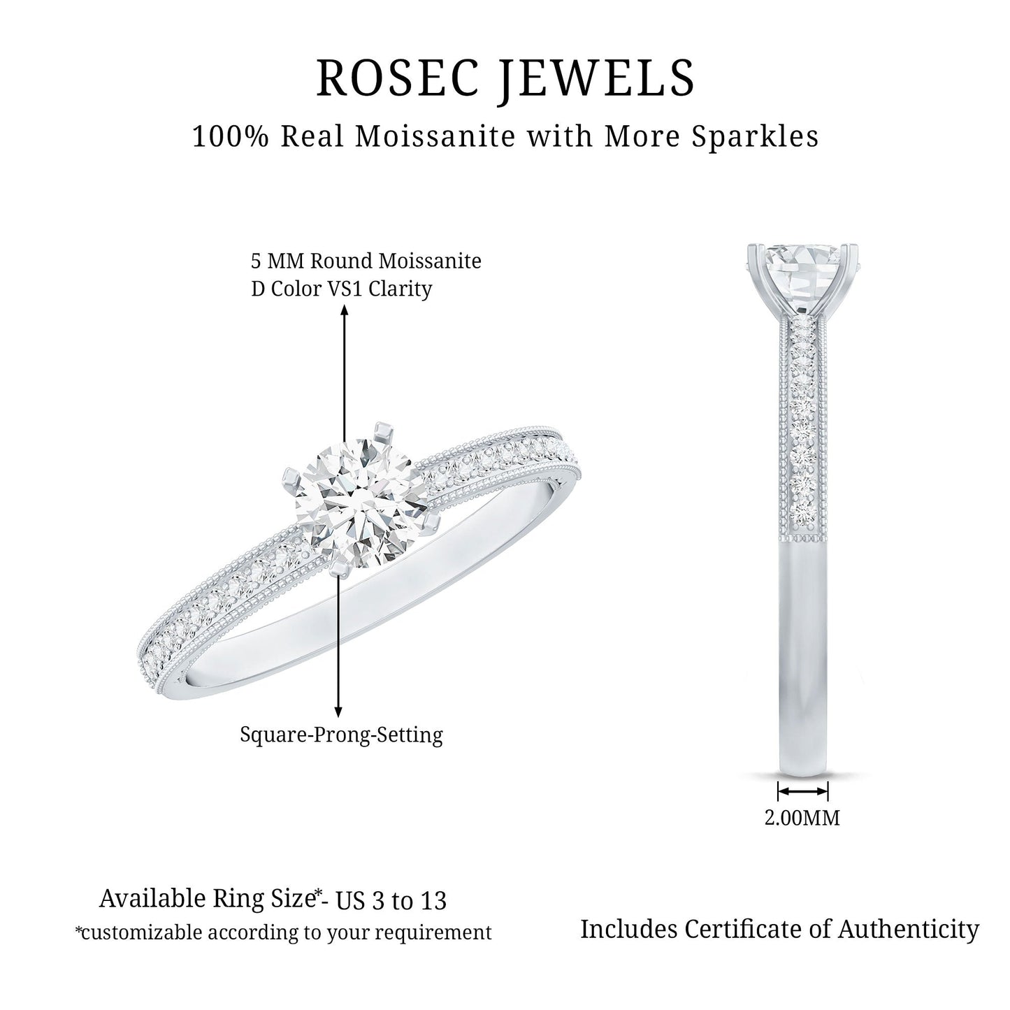 5 MM Moissanite Solitaire Engagement Ring with Milgrain