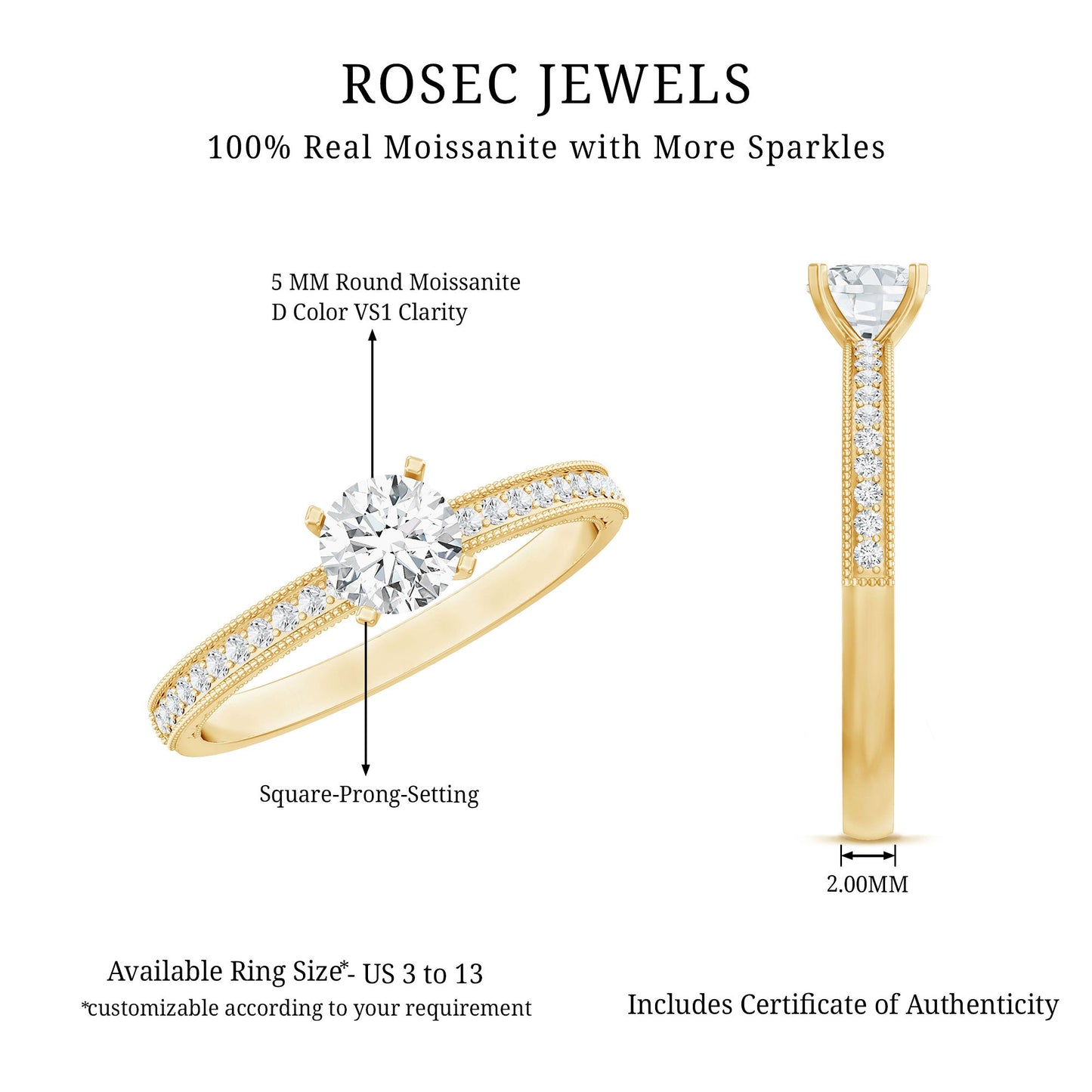 5 MM Moissanite Solitaire Engagement Ring with Milgrain