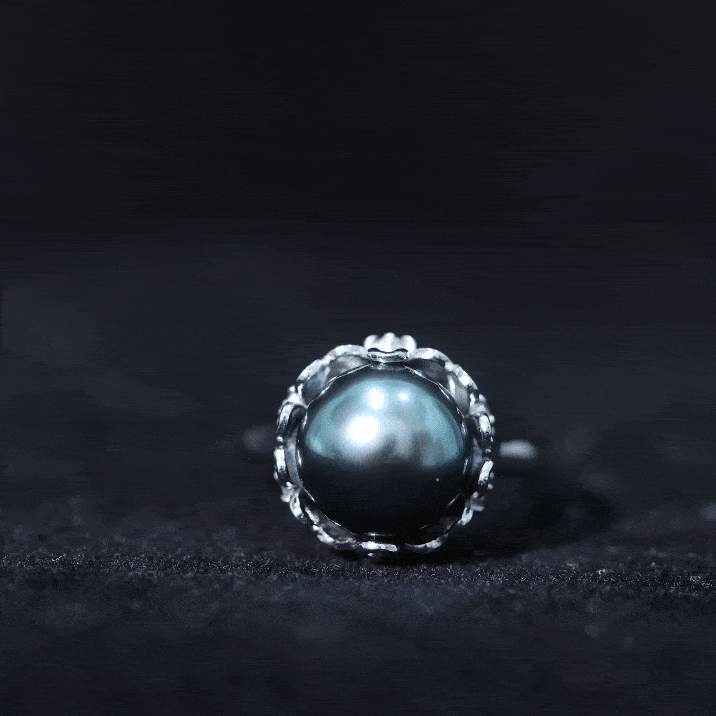 10MM Solitaire Tahitian Black Pearl Engagement Ring with Floral Setting