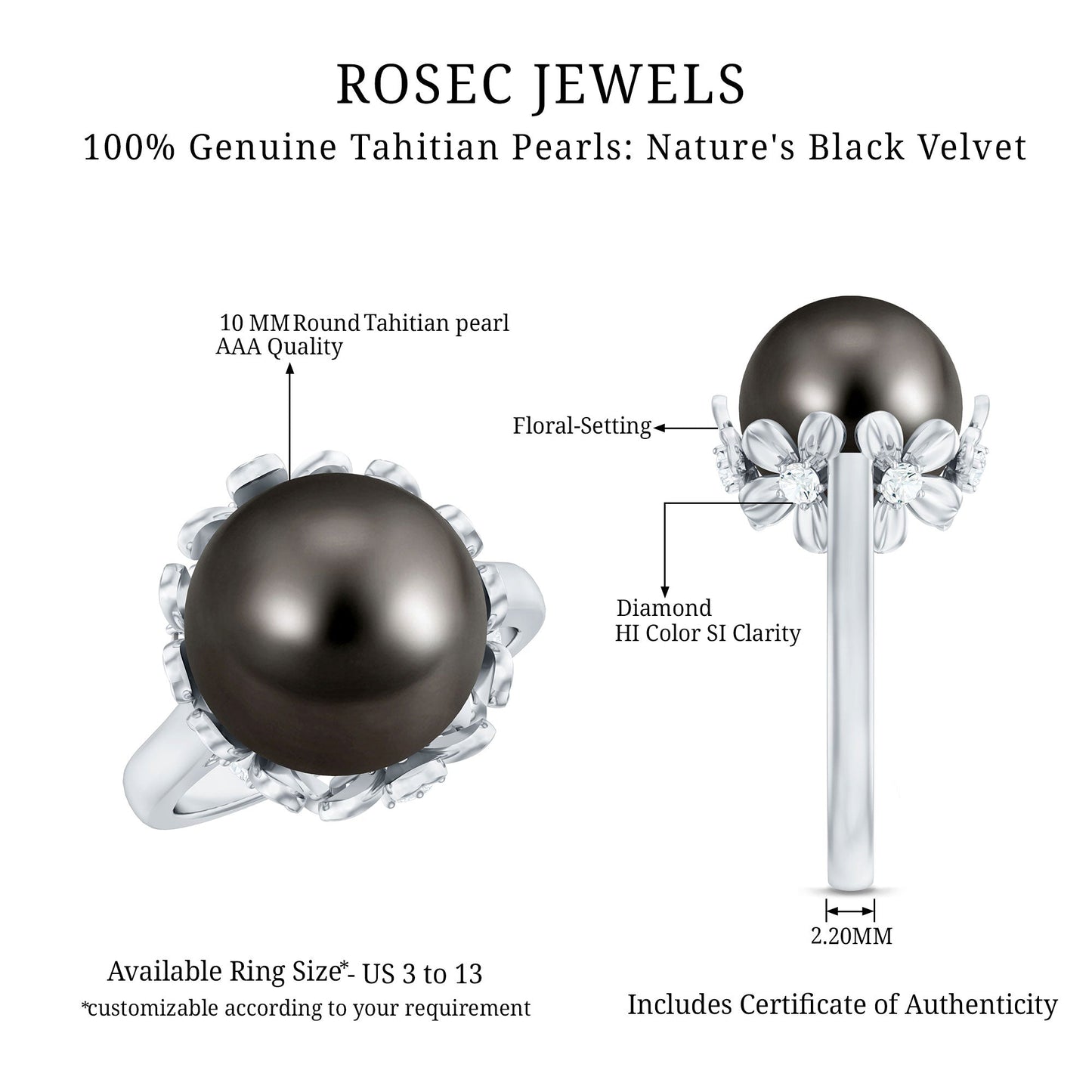 10MM Solitaire Tahitian Black Pearl Engagement Ring with Floral Setting
