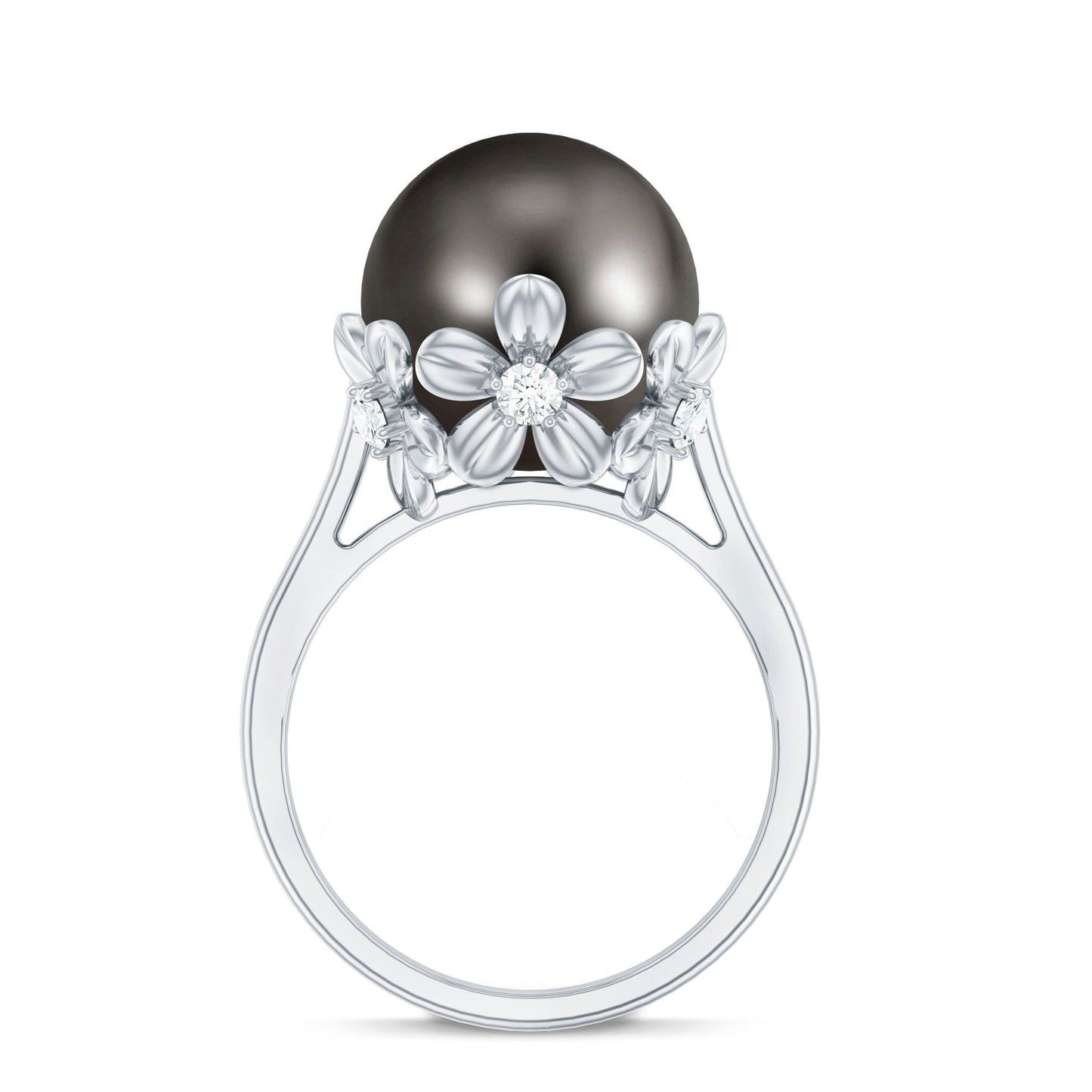 10MM Solitaire Tahitian Black Pearl Engagement Ring with Floral Setting