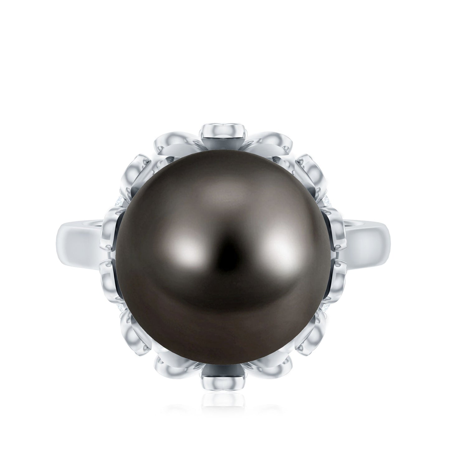10MM Solitaire Tahitian Black Pearl Engagement Ring with Floral Setting