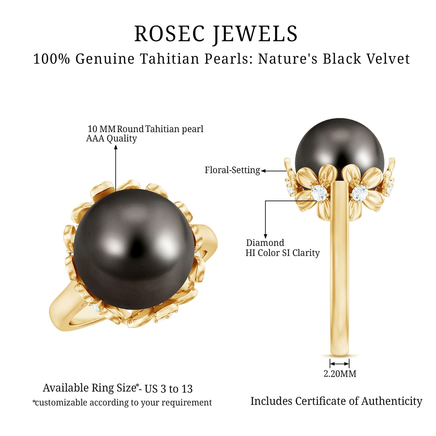 10MM Solitaire Tahitian Black Pearl Engagement Ring with Floral Setting
