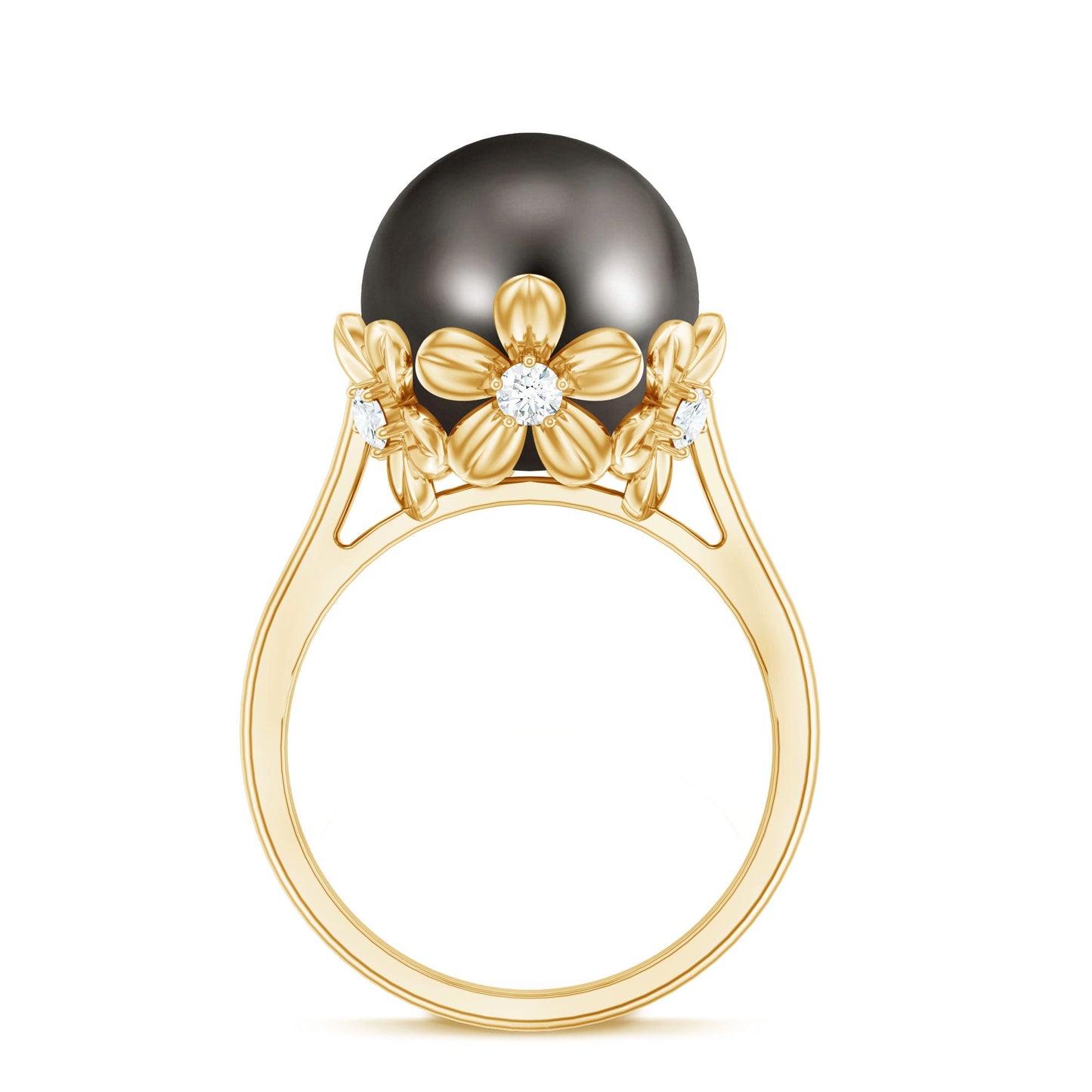 10MM Solitaire Tahitian Black Pearl Engagement Ring with Floral Setting