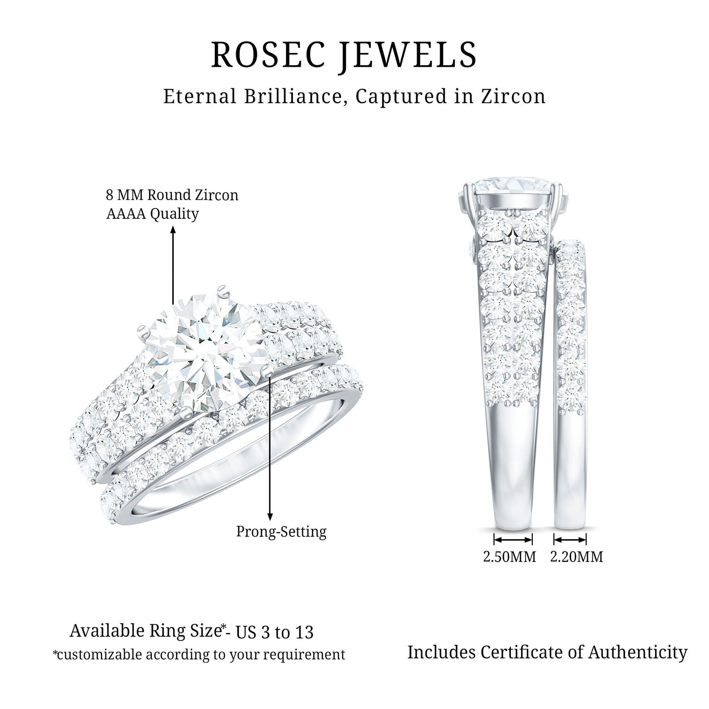 8 MM Zircon Wedding Ring Set in Prong Setting
