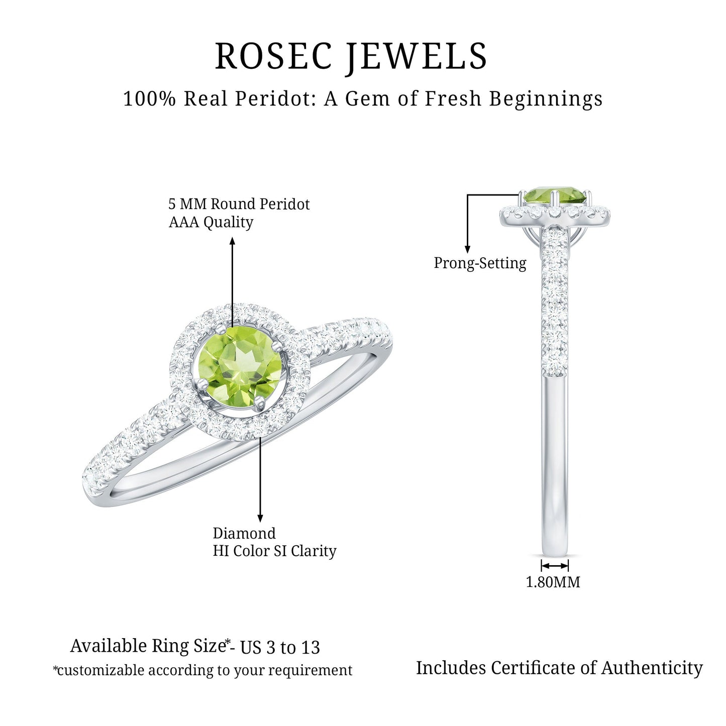 Genuine Half Carat Peridot Engagement Ring with Diamond Halo