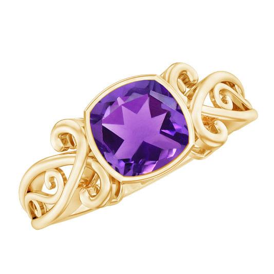 2 CT Vintage Inspired Cushion Cut Amethyst Solitaire Ring