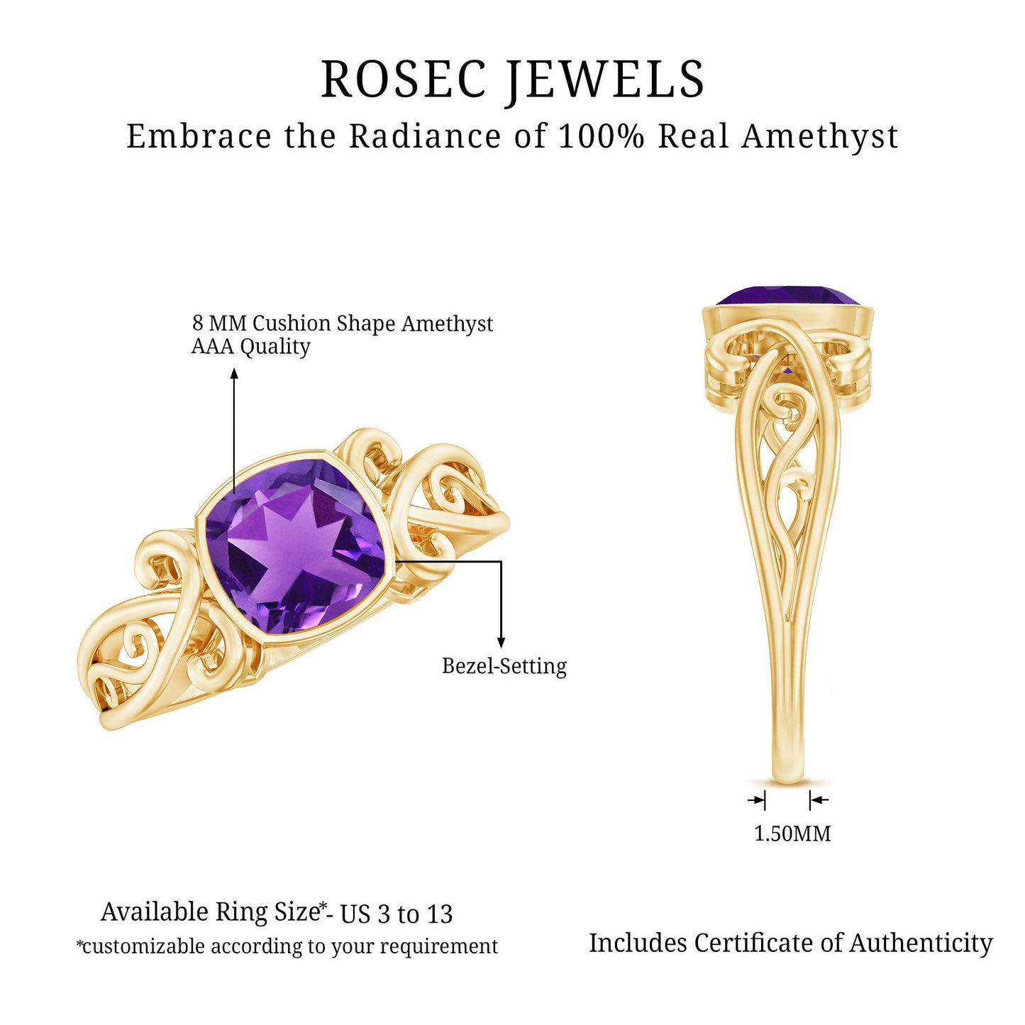 2 CT Vintage Inspired Cushion Cut Amethyst Solitaire Ring