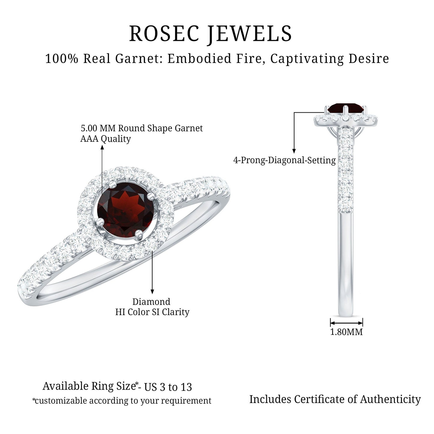 Garnet Minimal Engagement Ring with Diamond Halo