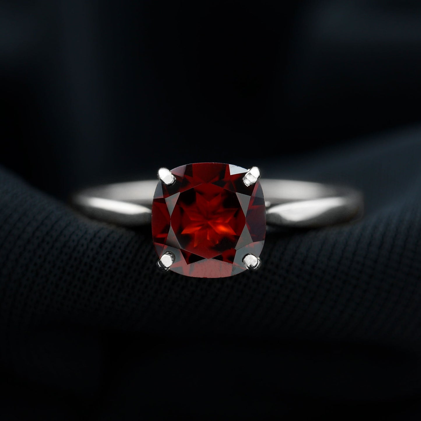 Natural 8mm Garnet Cushion Cut Engagement Ring with Surprise Diamond