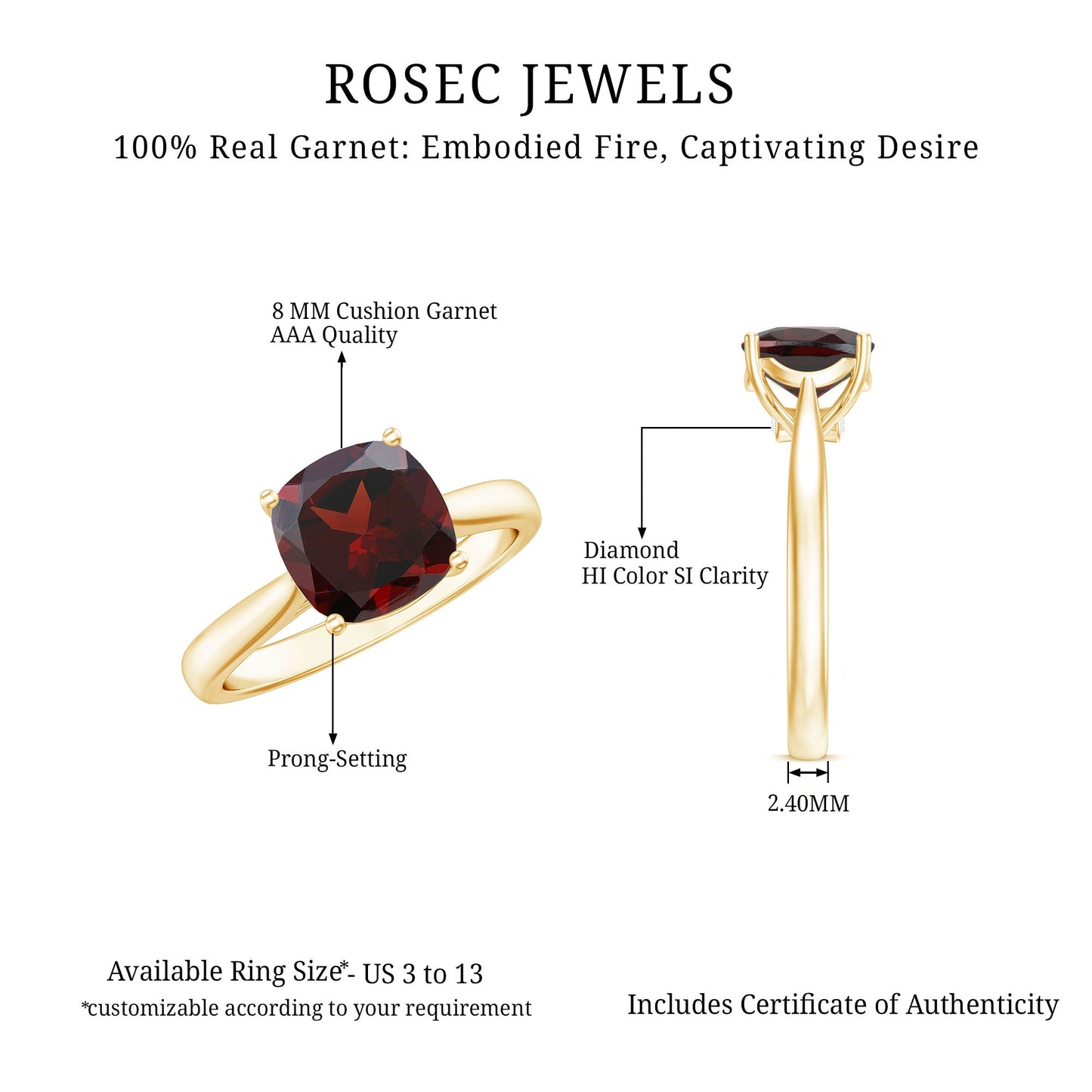 Natural 8mm Garnet Cushion Cut Engagement Ring with Surprise Diamond
