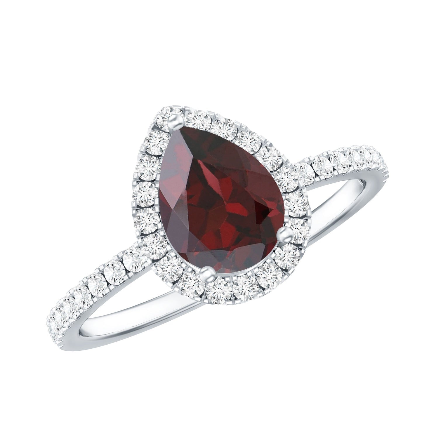 Genuine 5X7mm Garnet Pear Shaped Engagement Ring with Diamond Halo