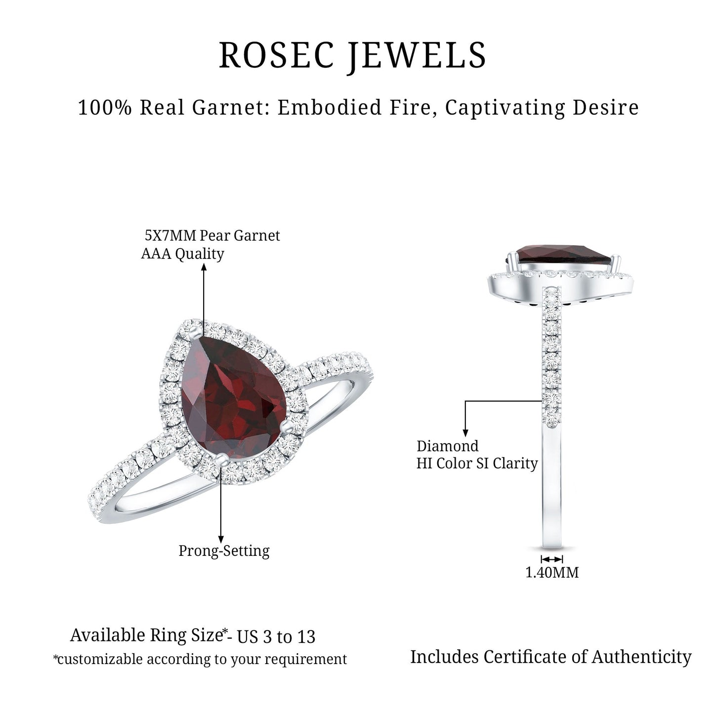 Genuine 5X7mm Garnet Pear Shaped Engagement Ring with Diamond Halo