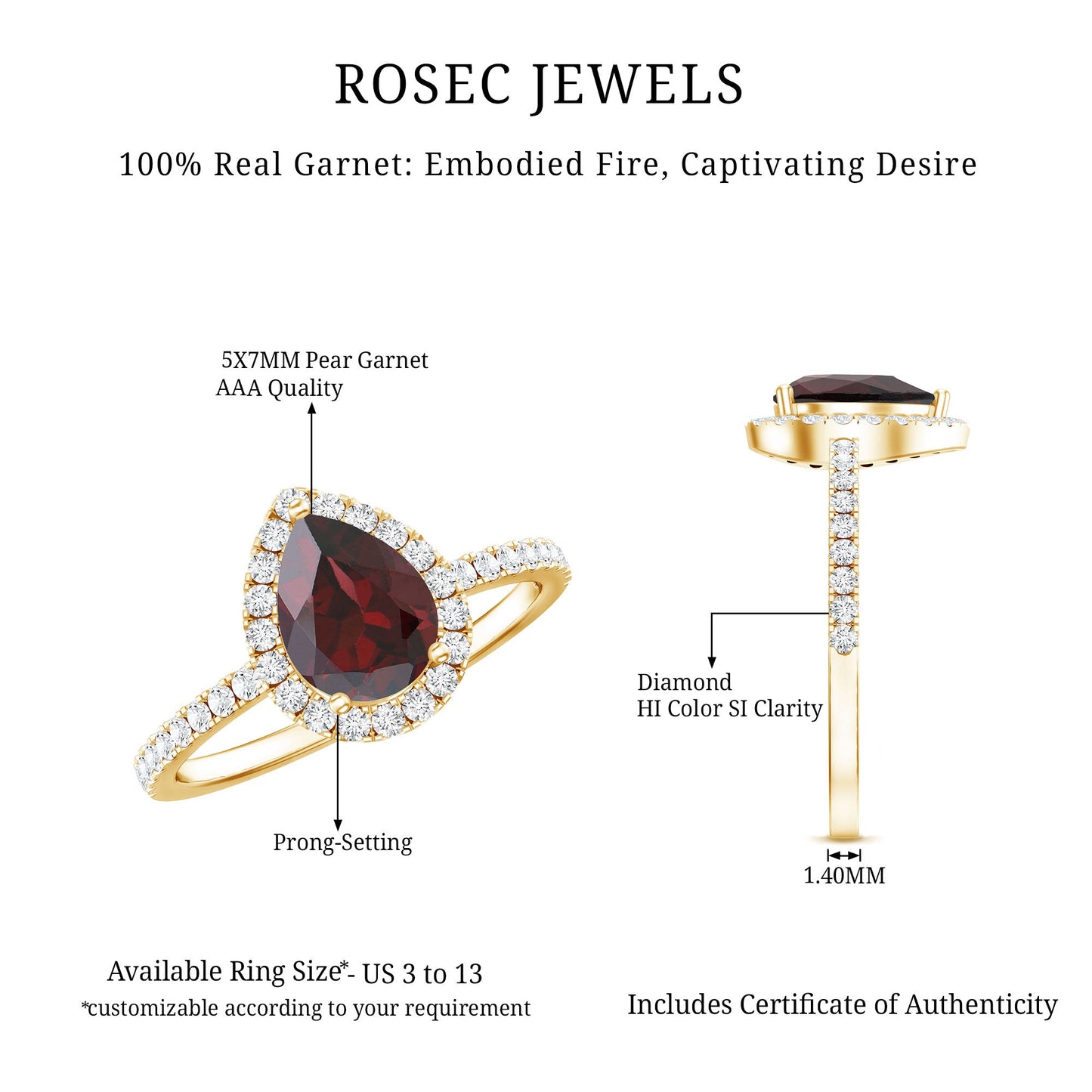 Genuine 5X7mm Garnet Pear Shaped Engagement Ring with Diamond Halo