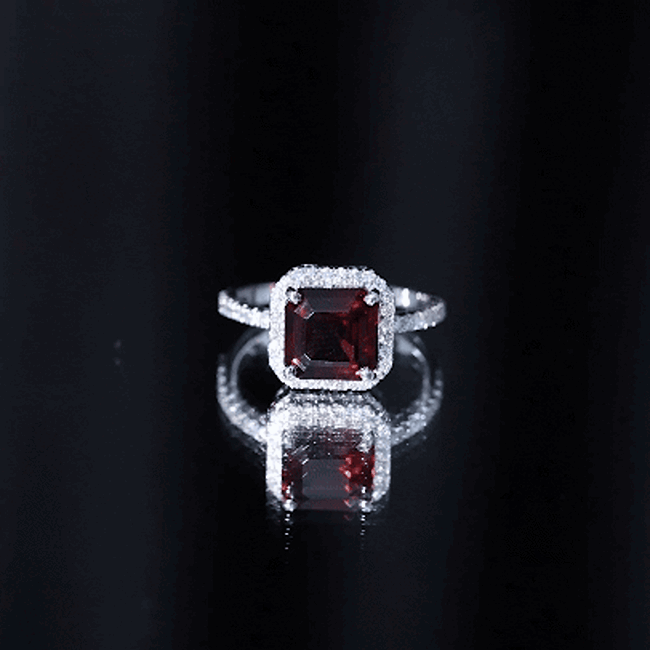 Natural 8mm Garnet Asscher Cut Engagement Ring with Diamond Halo