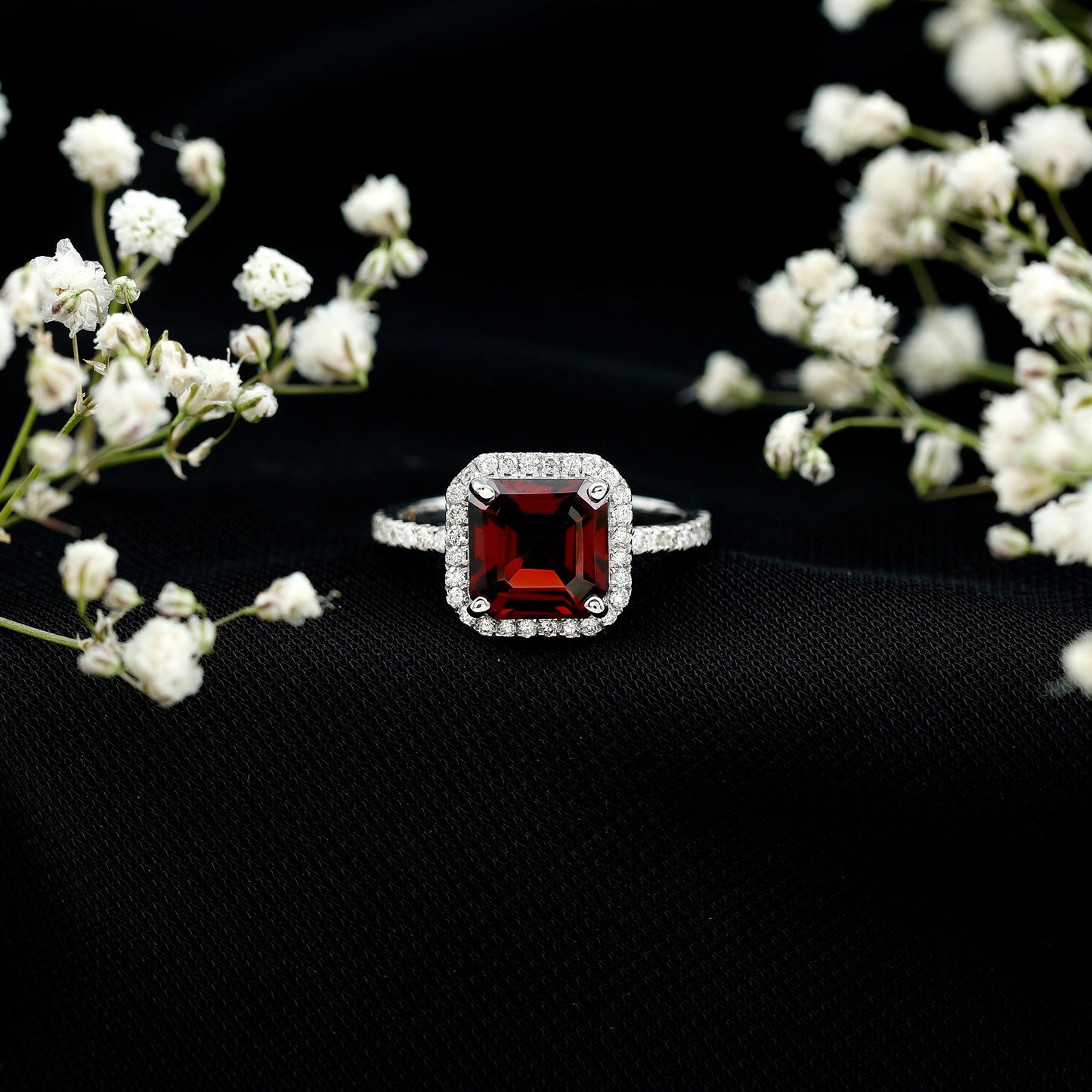 Natural 8mm Garnet Asscher Cut Engagement Ring with Diamond Halo