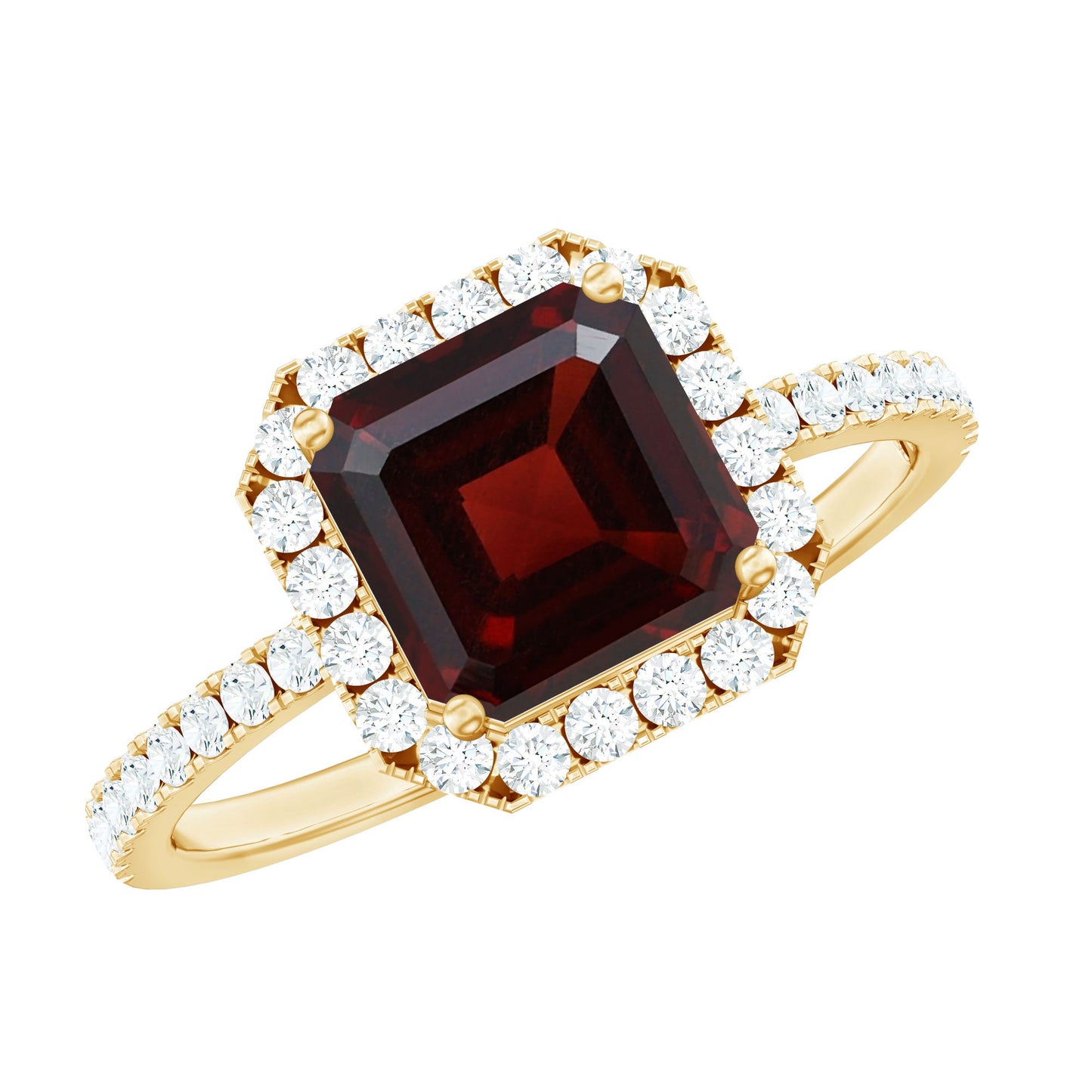 Natural 8mm Garnet Asscher Cut Engagement Ring with Diamond Halo