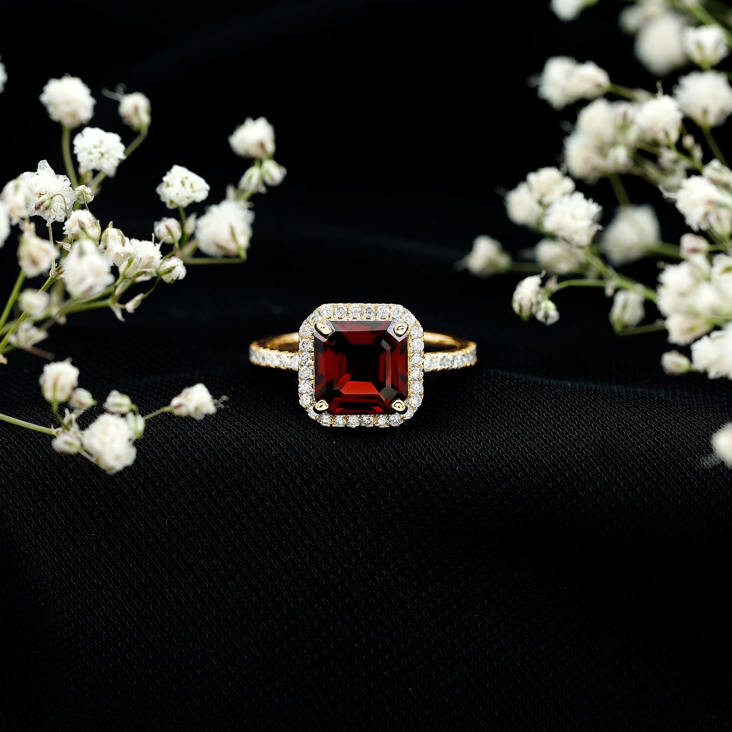 Natural 8mm Garnet Asscher Cut Engagement Ring with Diamond Halo