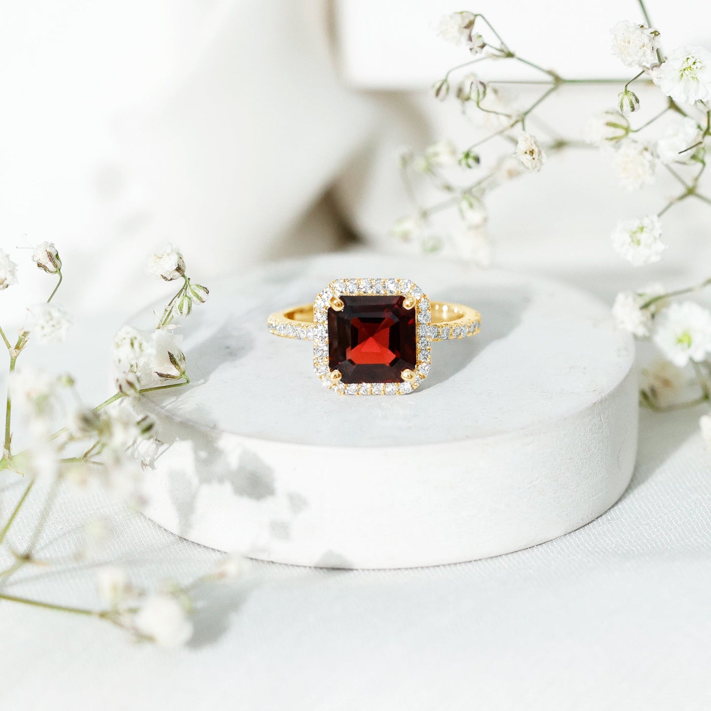 Natural 8mm Garnet Asscher Cut Engagement Ring with Diamond Halo
