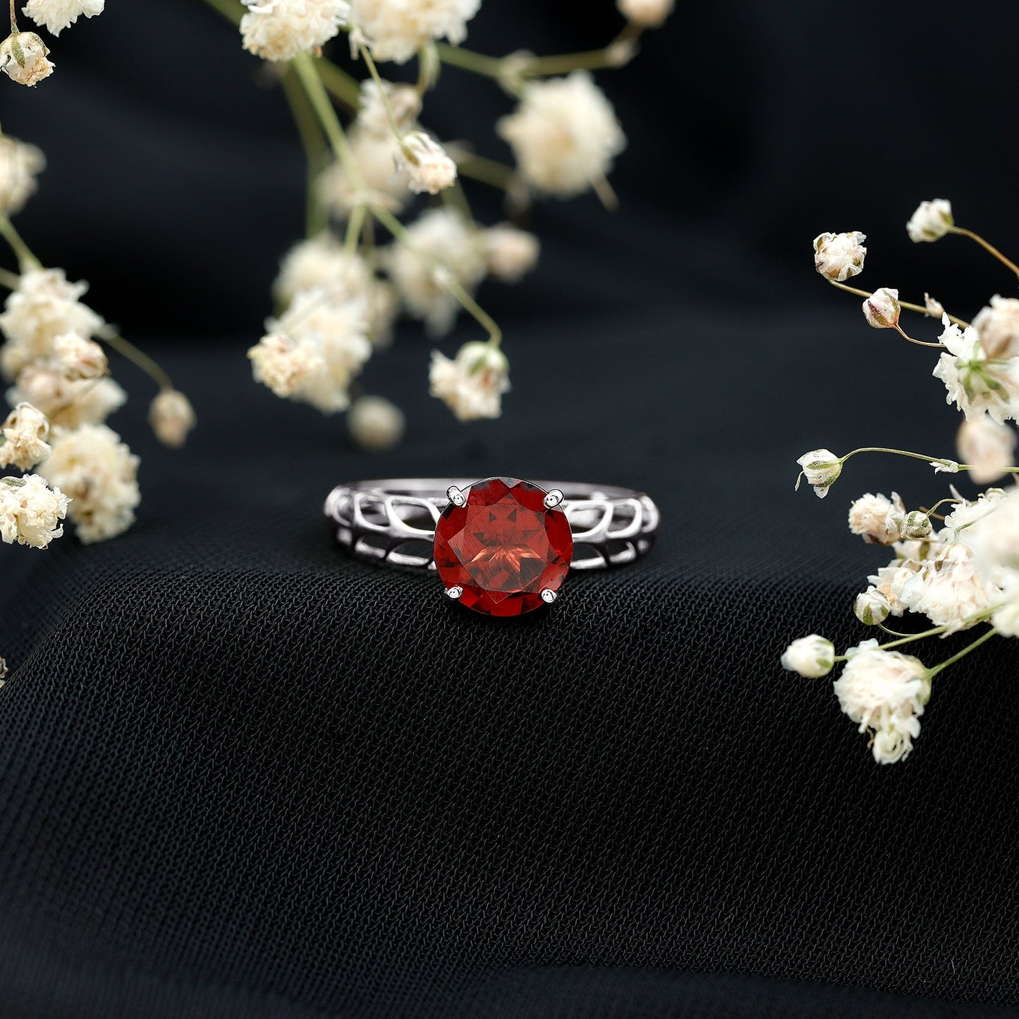 Natural 8mm Garnet Filigree Engagement Ring with Certificate