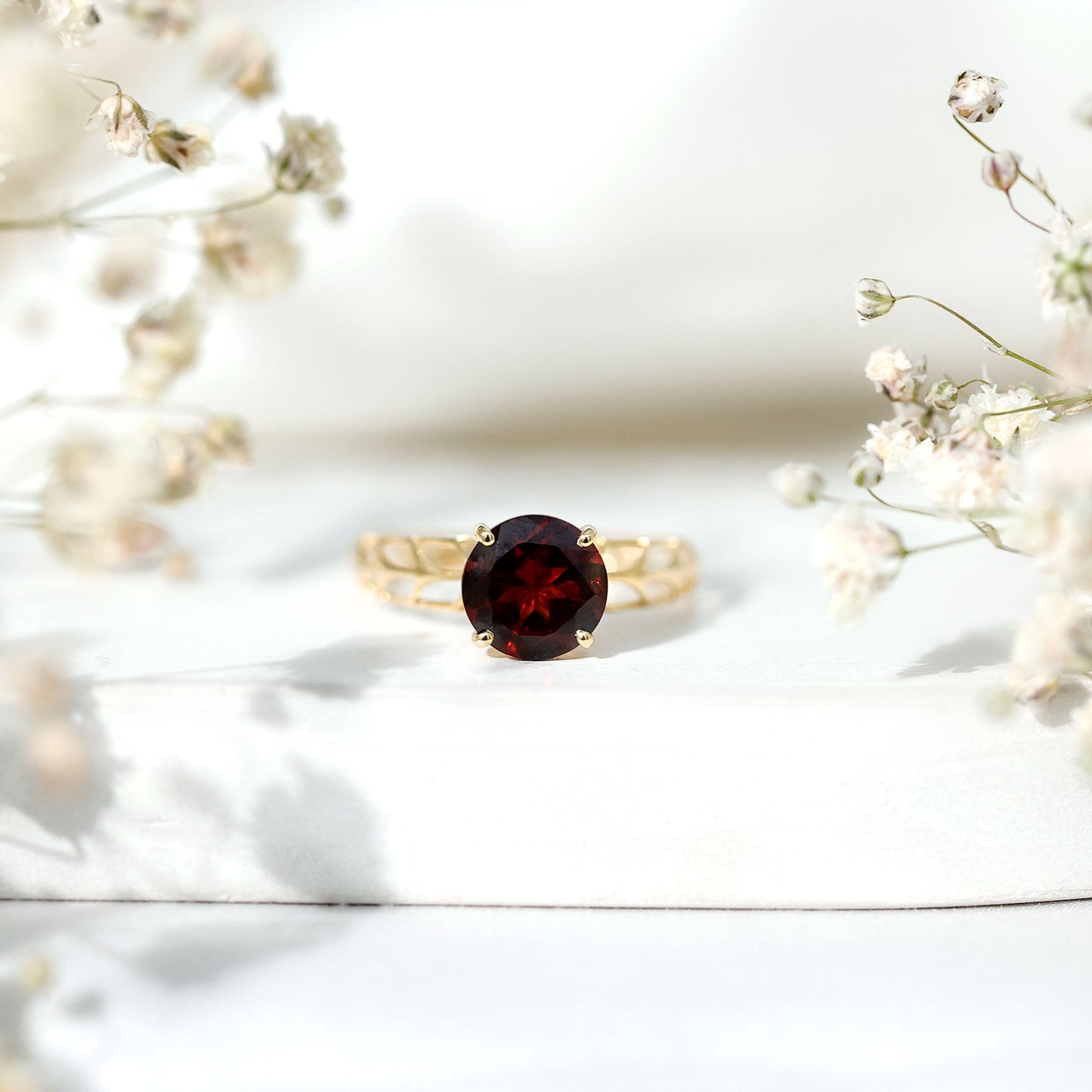 Natural 8mm Garnet Filigree Engagement Ring with Certificate