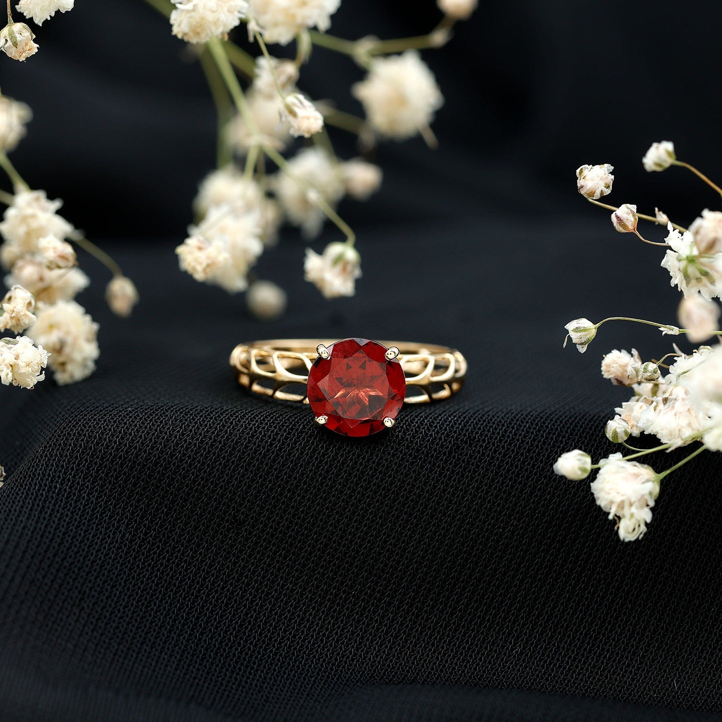 Natural 8mm Garnet Filigree Engagement Ring with Certificate