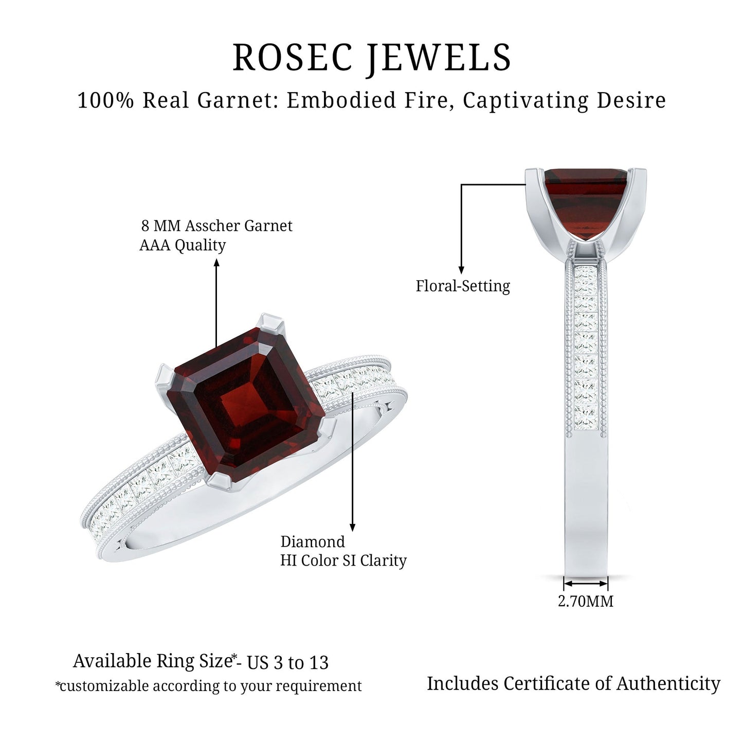 Natural 8mm Asscher Cut Garnet Engagement Ring with Diamond Side Stones