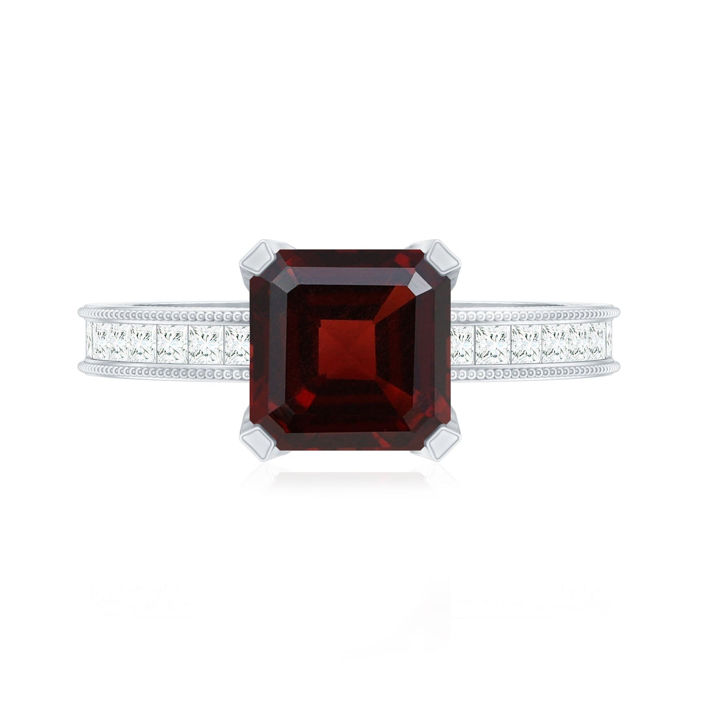 Natural 8mm Asscher Cut Garnet Engagement Ring with Diamond Side Stones