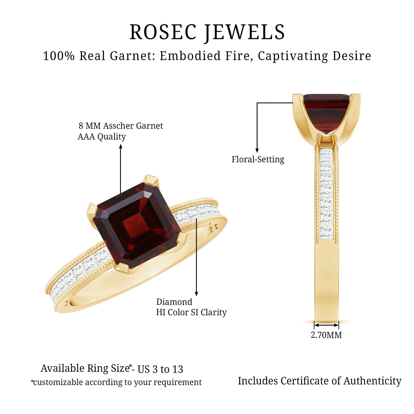Natural 8mm Asscher Cut Garnet Engagement Ring with Diamond Side Stones