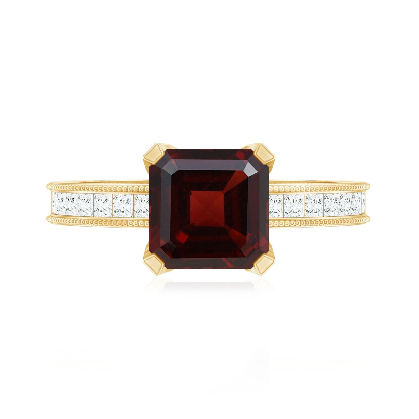 Natural 8mm Asscher Cut Garnet Engagement Ring with Diamond Side Stones