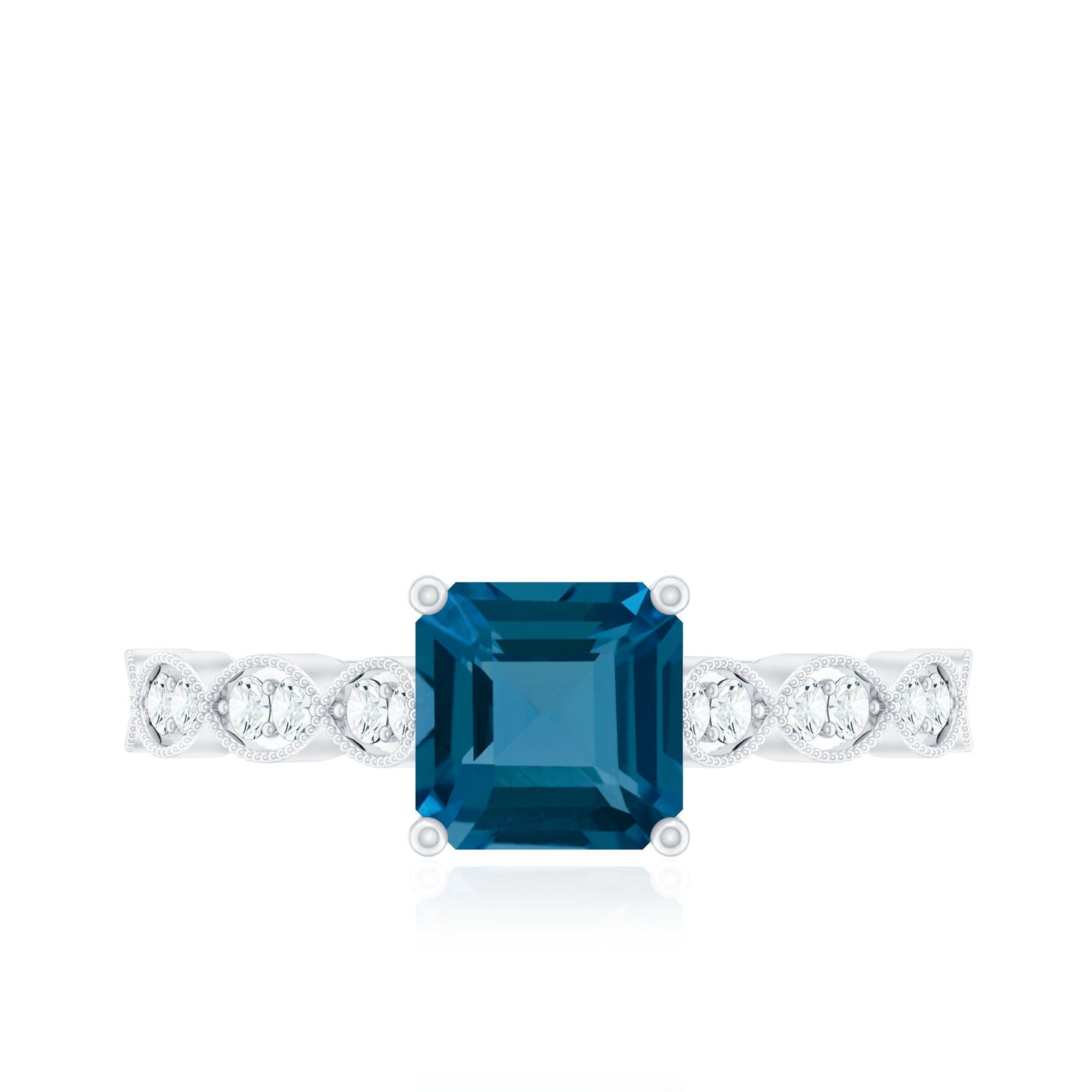 8mm Asscher Cut London Blue Topaz Designer Engagement Ring with Diamond