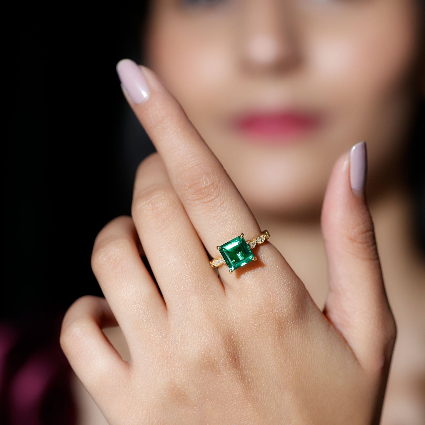 Certified 2 Carat Lab Grown Emerald Princess Cut Engagement Ring