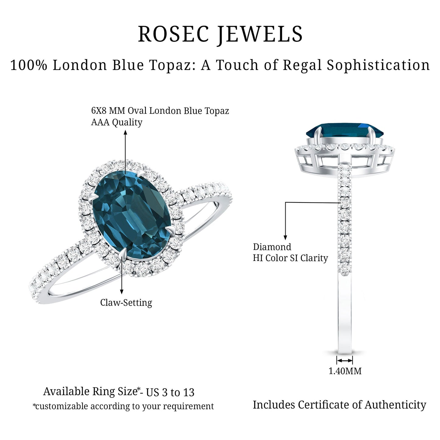 Oval 6X8MM London Blue Topaz Halo Engagement Ring