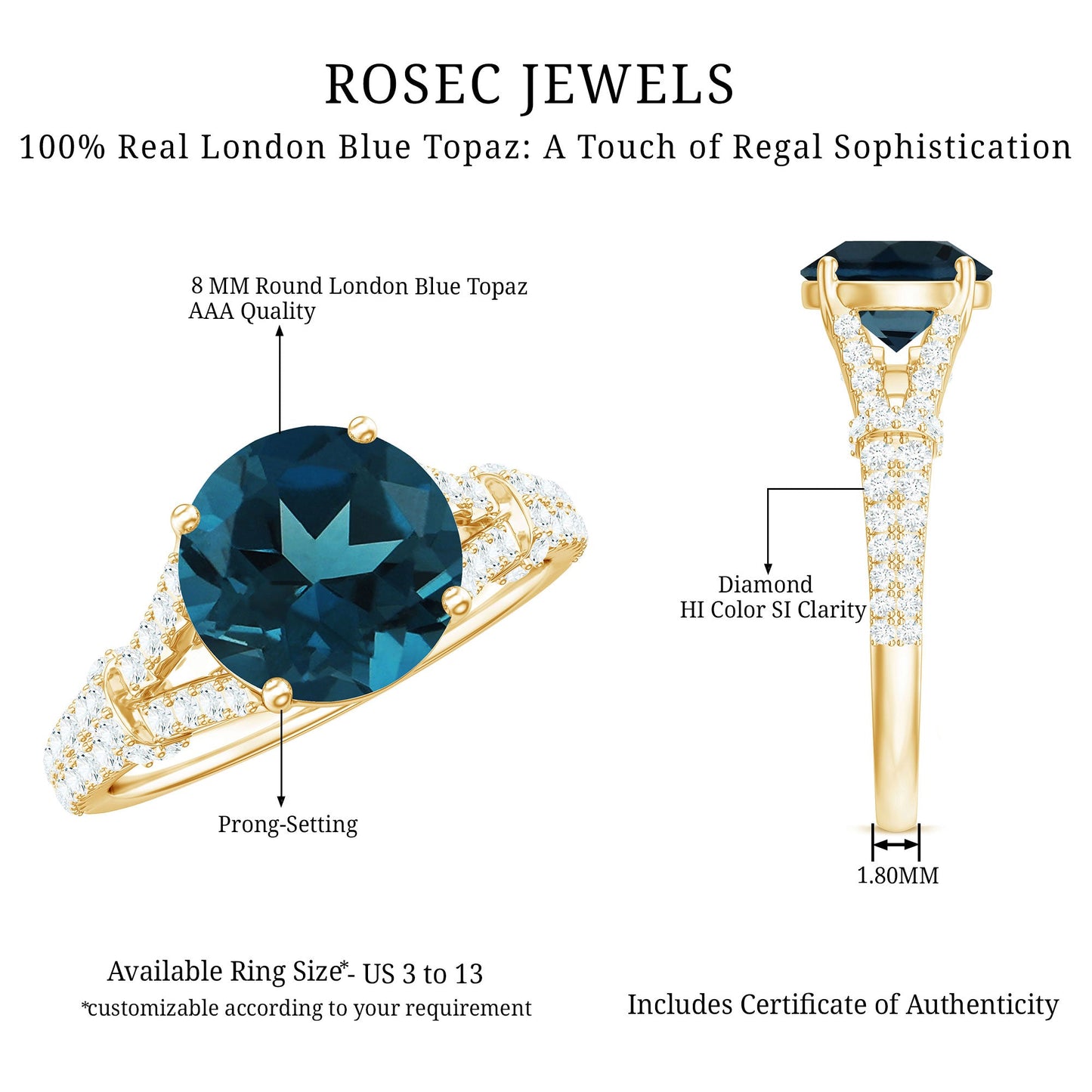 Natural London Blue Topaz Split Shank Engagement Ring
