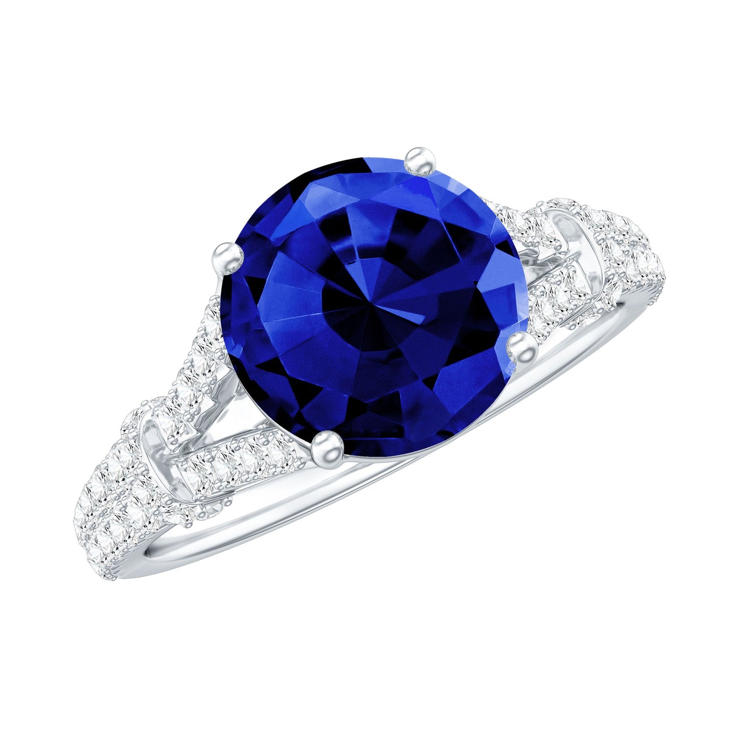 Certified 2.7 Carat Lab Grown Blue Sapphire Engagement Ring with Diamond Split Shank